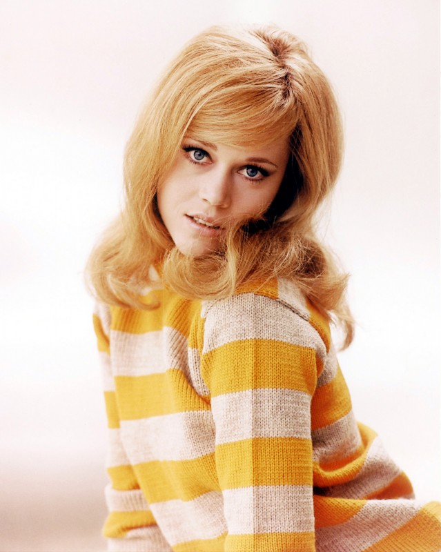 American actress Jane Fonda wearing a yellow and white striped jersey, circa 1970.