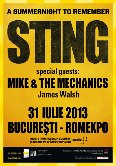 Concert: Sting revine la București cu turneul  Back To Bass  (București, Romexpo, 31 iulie)