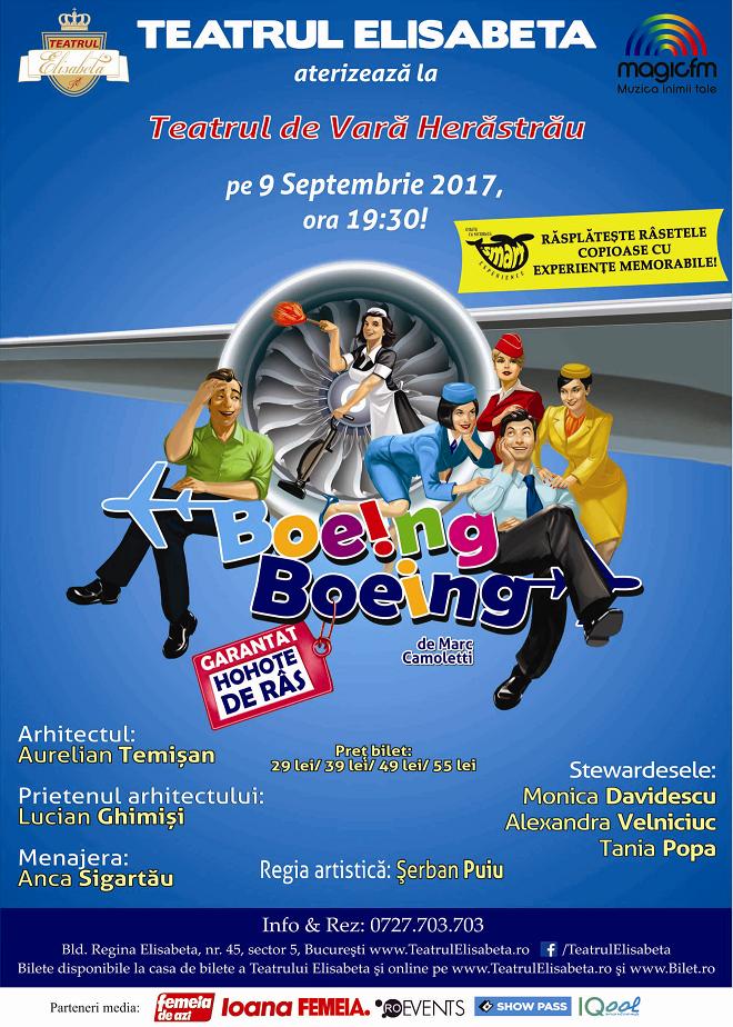 Teatrul Elisabeta continua seria de spectacole pentru noua stagiune cu piesa “Boeing Boeing”, pe 9 septembrie, la Grădina de Vară Herăstrău